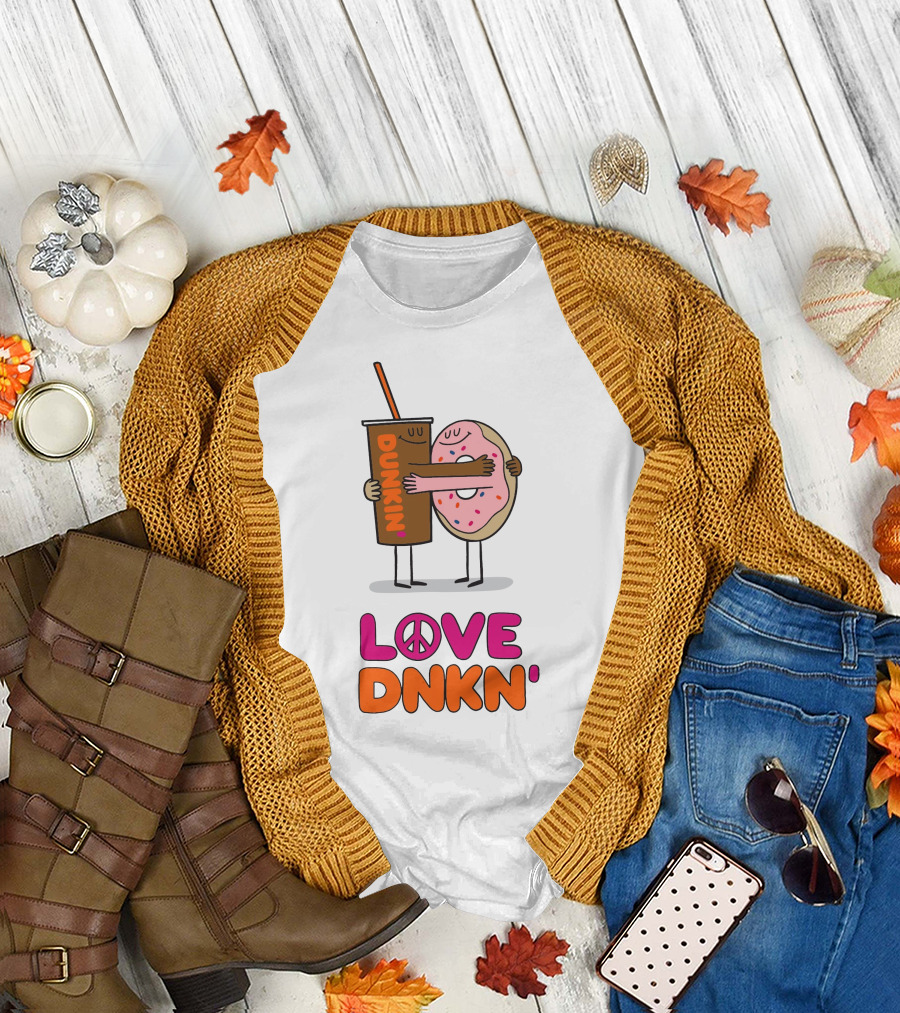 LOVE PEACE DUNKIN' HUGGING CARTOON DONUT AND COFFEE T-Shirt