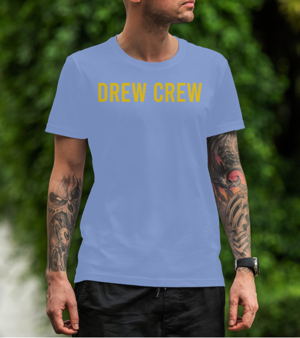 Drew Crew Merch Yellow Text Blue Background T-Shirt