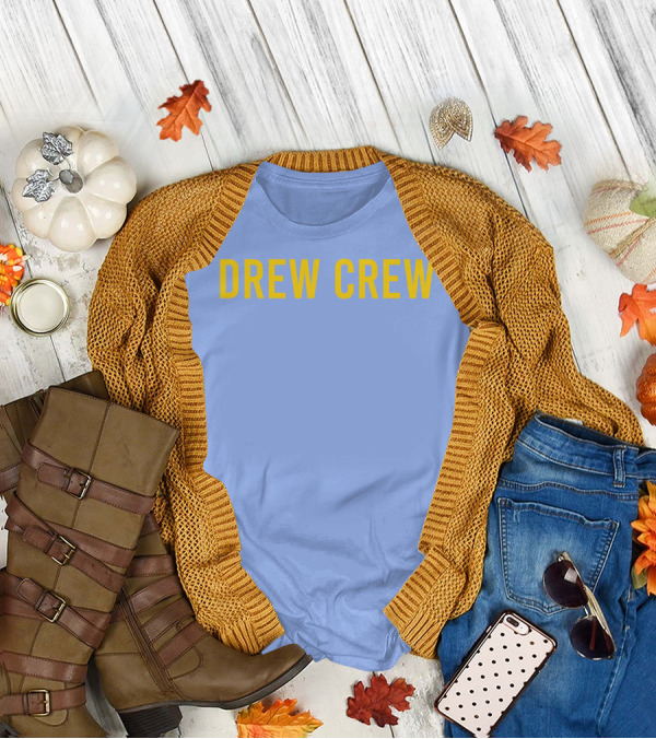 Drew Crew Merch Yellow Text Blue Background T-Shirt