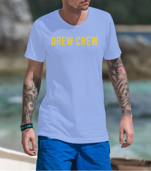 Drew Crew Merch Yellow Text Blue Background T-Shirt