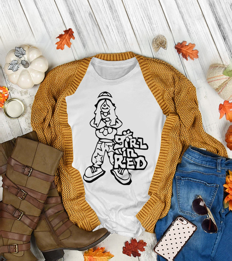 Girl in Red Cartoon Figure with Star Pants T-Shirt