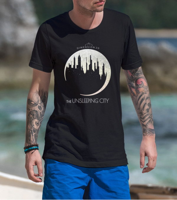 Dimension 20 The Unsleeping City Moon Skyline T-Shirt