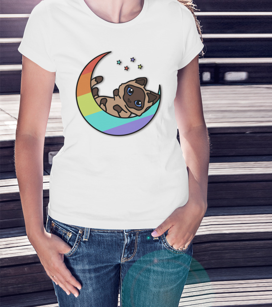 Antfrost Cat On Rainbow Crescent With Stars T-Shirt
