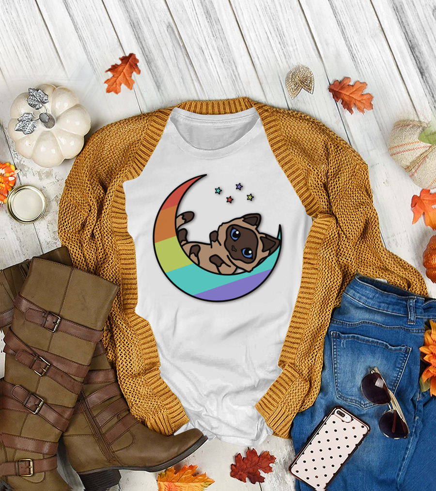 Antfrost Cat On Rainbow Crescent With Stars T-Shirt
