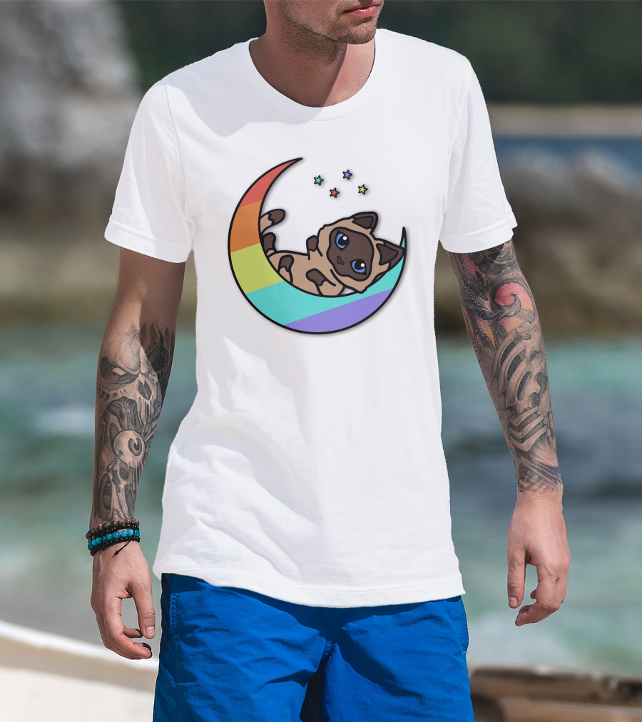 Antfrost Cat On Rainbow Crescent With Stars T-Shirt