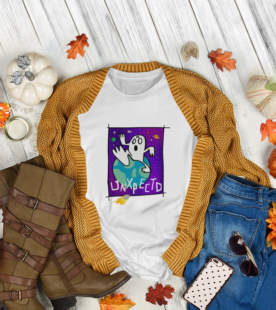 Unxpectd Ghost Mascot Floating in Outer Space with Planets and Asteroids T-Shirt