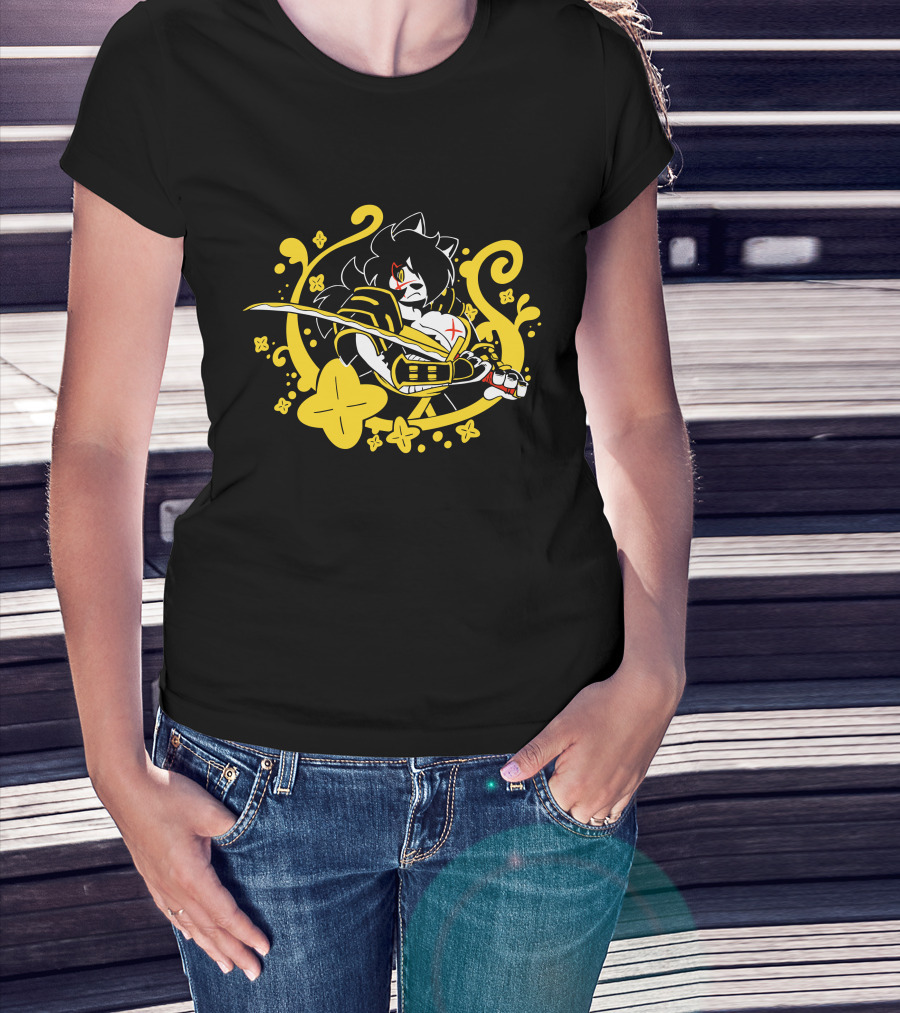 Hachimitsu Samurai Character With Sword And Yellow Floral Motif T-Shirt