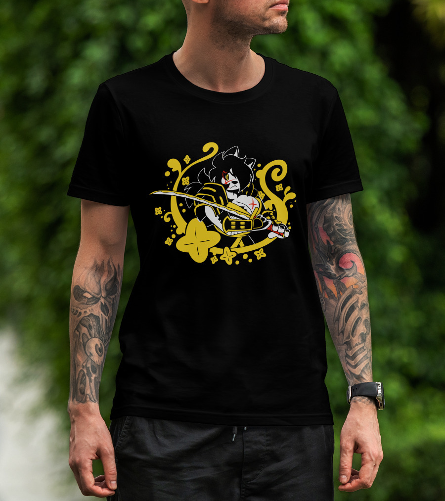 Hachimitsu Samurai Character With Sword And Yellow Floral Motif T-Shirt