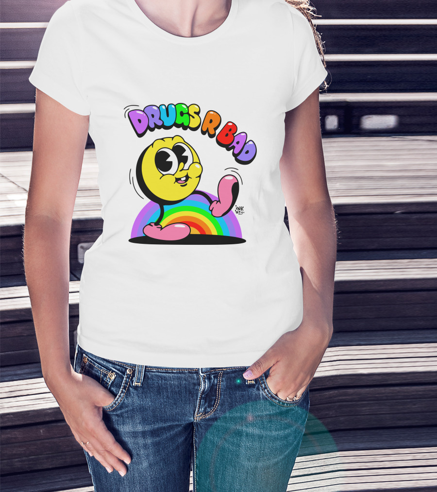 DRUGS R BAD Retro Rainbow Cartoon Smiley T-Shirt