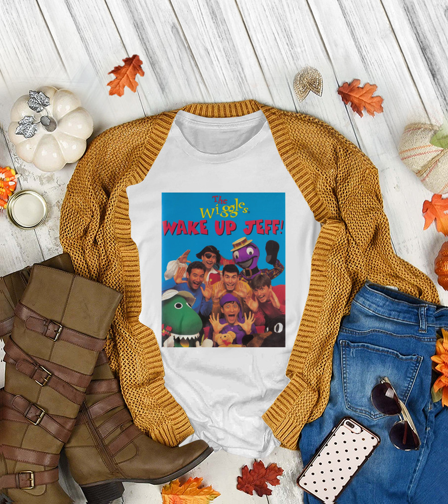 The Wiggles Wake Up Jeff Characters and Colorful Friends Fun Scene T-Shirt