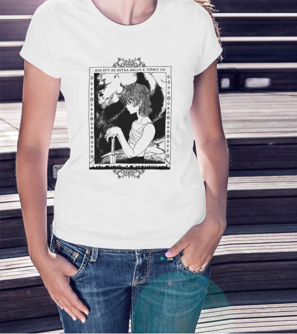 Non Est Ad Astra Mollis E Terris Via Sword-Wielding Figure In Classical Frame T-Shirt