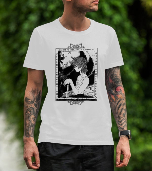 Non Est Ad Astra Mollis E Terris Via Sword-Wielding Figure In Classical Frame T-Shirt