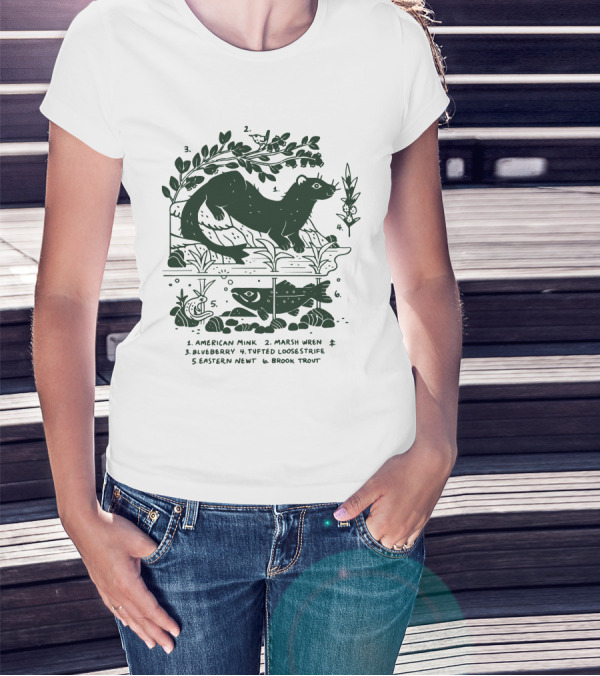 Camp Mustelid Merch Taxonomy American Mink Marsh Wren Blueberry Tufted Loosestrife Eastern Newt Brook Trout T-Shirt