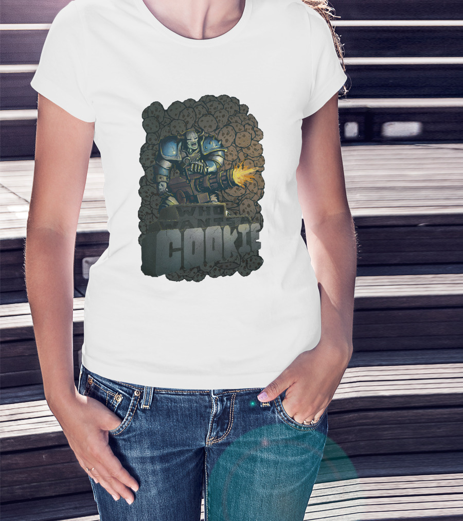 Oxhorn Who Wants A Cookie With Armored Figure And Gun Surrounded By Cookies T-Shirt