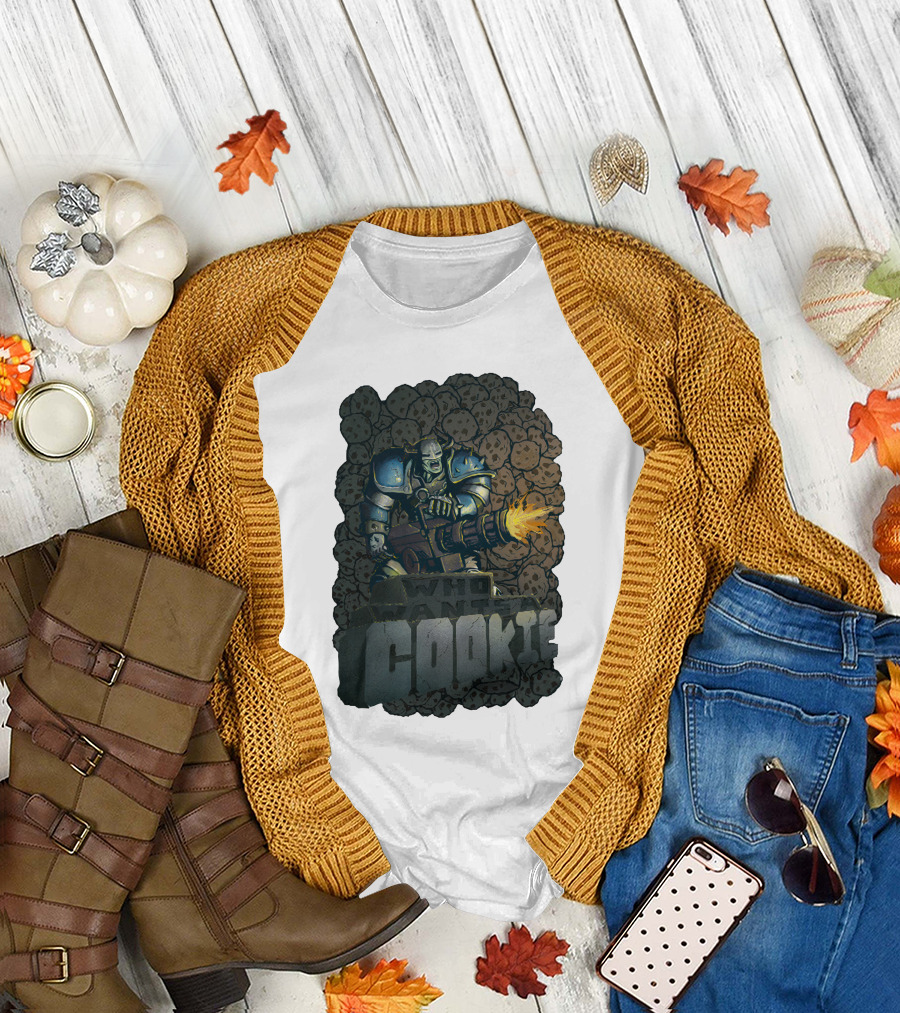 Oxhorn Who Wants a Cookie with Armored Figure and Gun Surrounded by Cookies T-Shirt