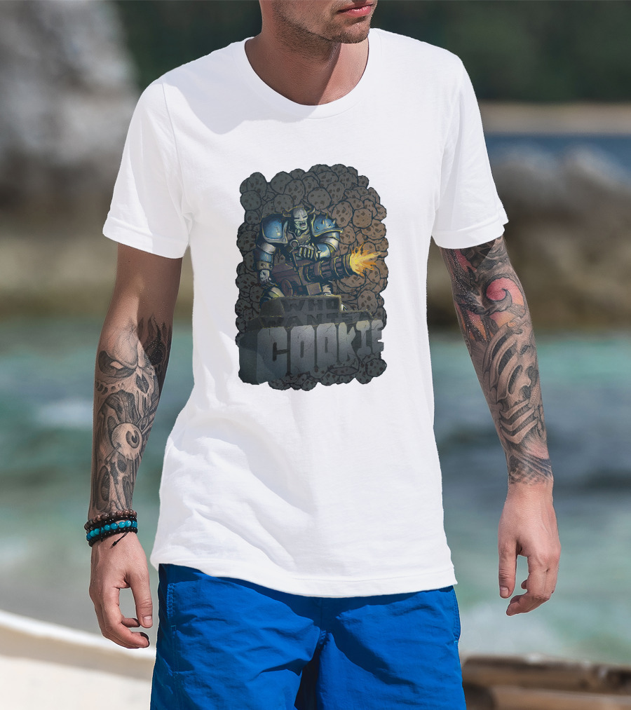 Oxhorn Who Wants A Cookie With Armored Figure And Gun Surrounded By Cookies T-Shirt