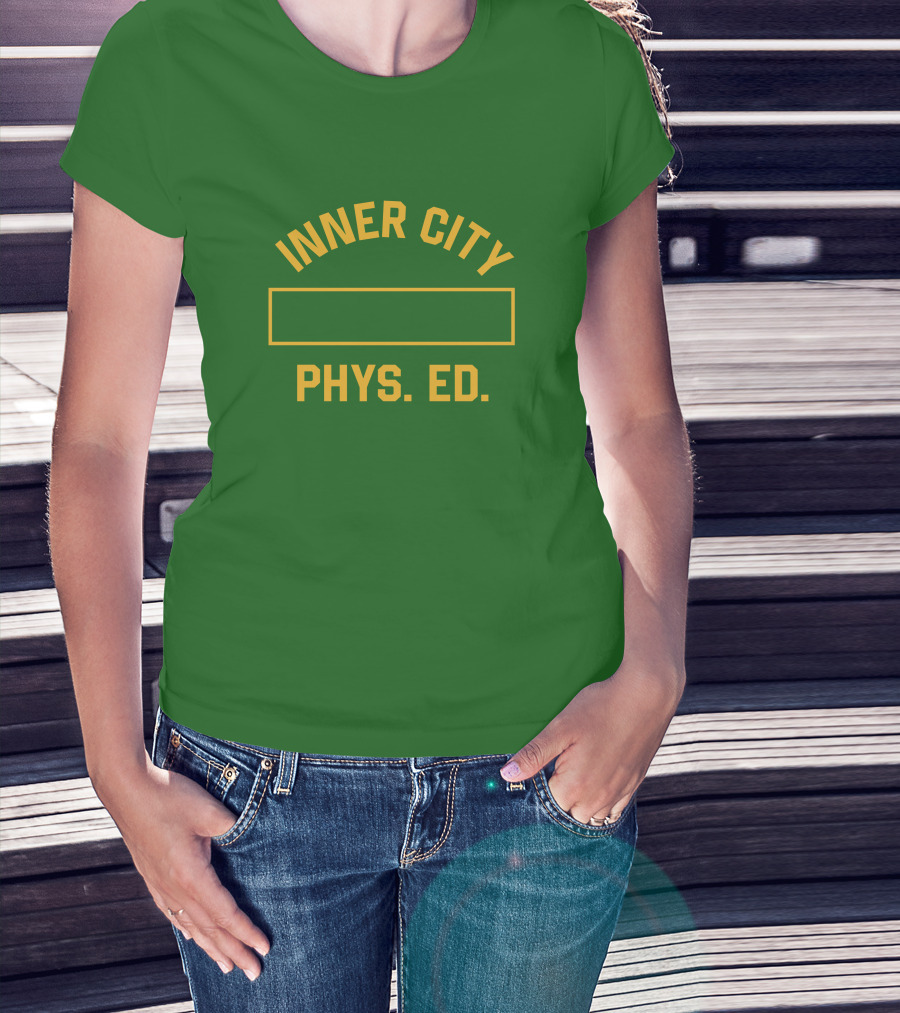 Inner City Phys Ed Green Yellow Block Letters T-Shirt
