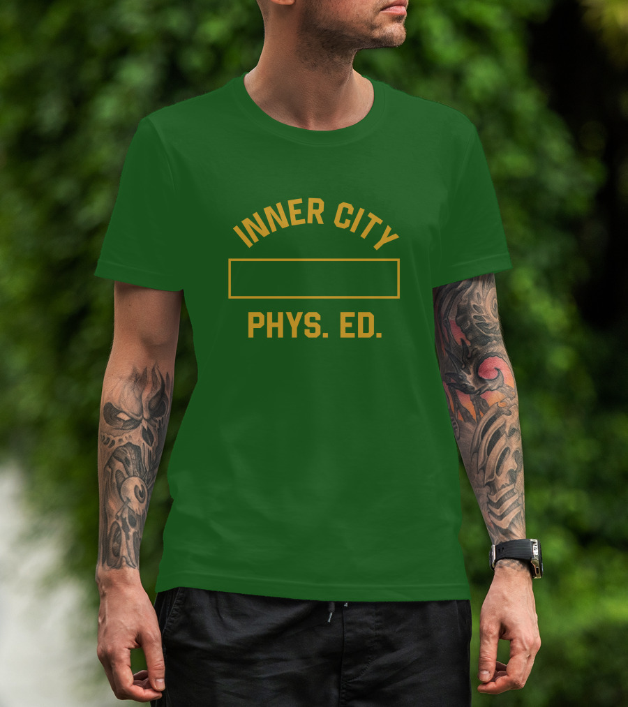 Inner City Phys Ed Green Yellow Block Letters T-Shirt