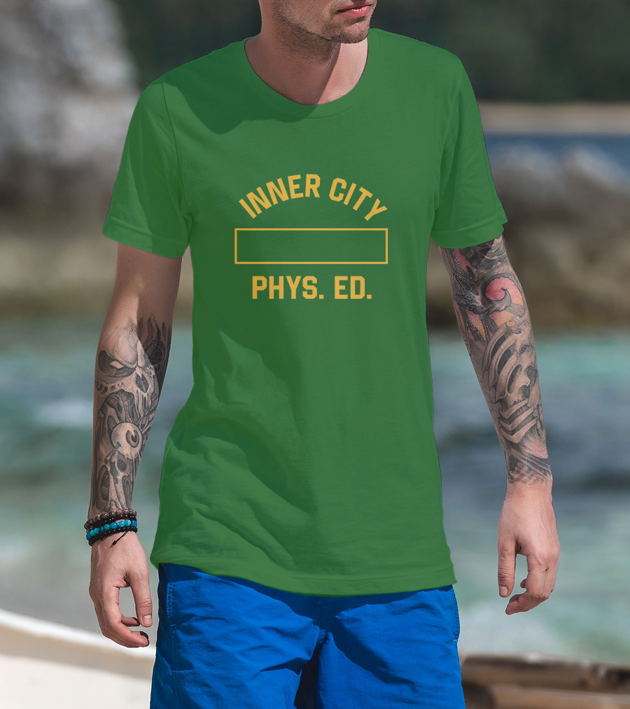 Inner City Phys Ed Green Yellow Block Letters T-Shirt
