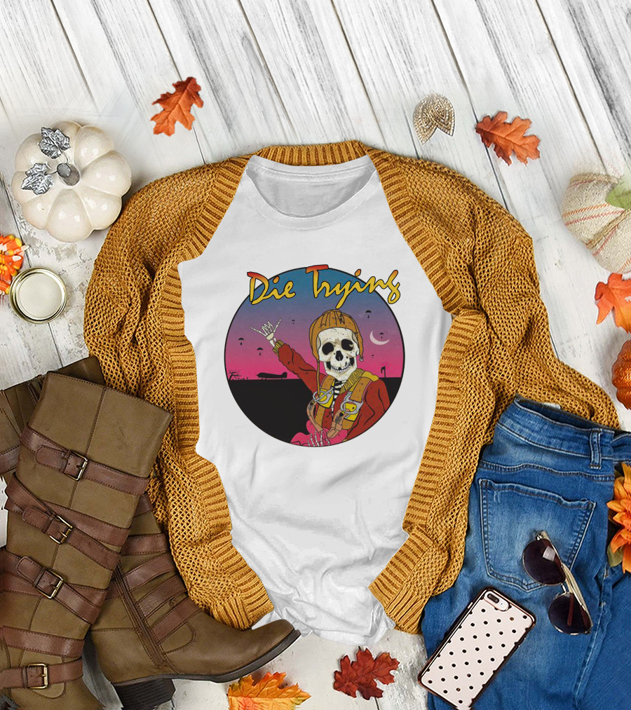 Die Trying Skeleton Paratrooper Skydiving Scene T-Shirt