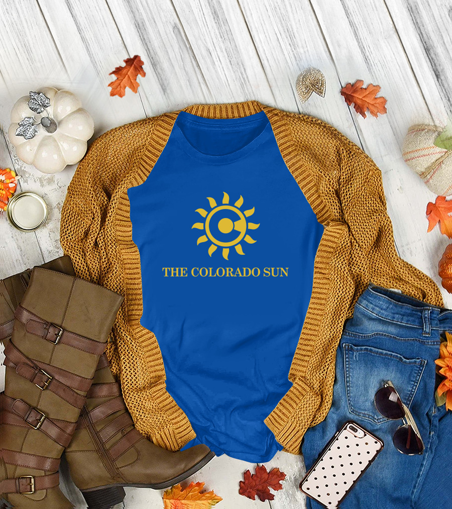 The Colorado Sun Merch Colorado Sun Logo Yellow Sunburst Blue Background T-Shirt