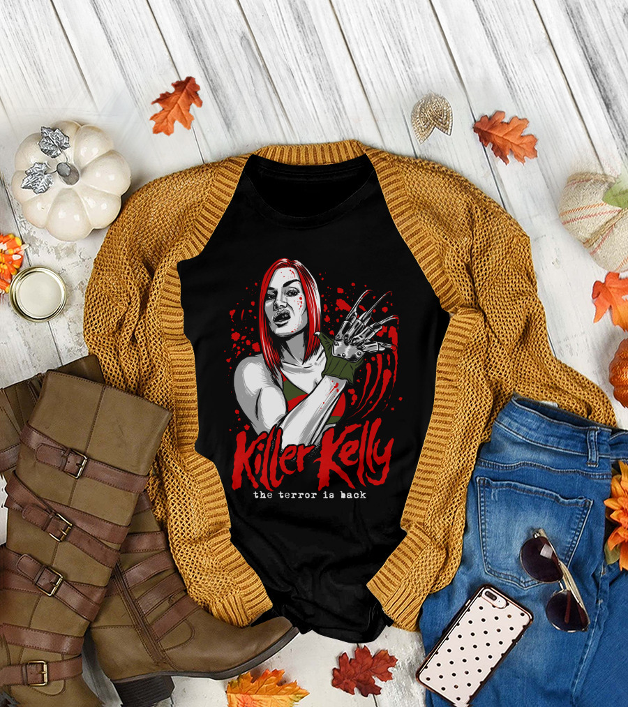 Killer Kelly The Terror Is Back Freddy Krueger Inspired Character Blood Splatter T-Shirt