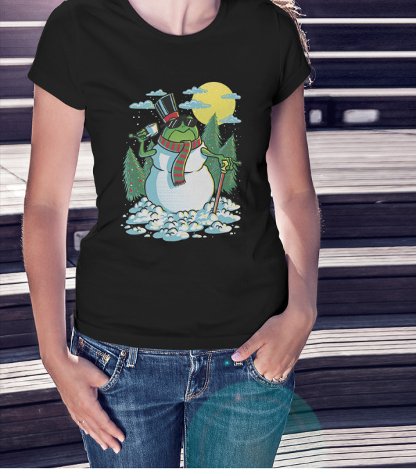 BoomerNA Merch BoomerNA Snowfrog Frog Snowman Christmas Tree Top Hat Cane T-Shirt