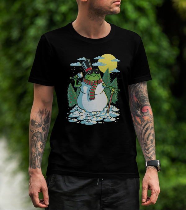 BoomerNA Merch BoomerNA Snowfrog Frog Snowman Christmas Tree Top Hat Cane T-Shirt