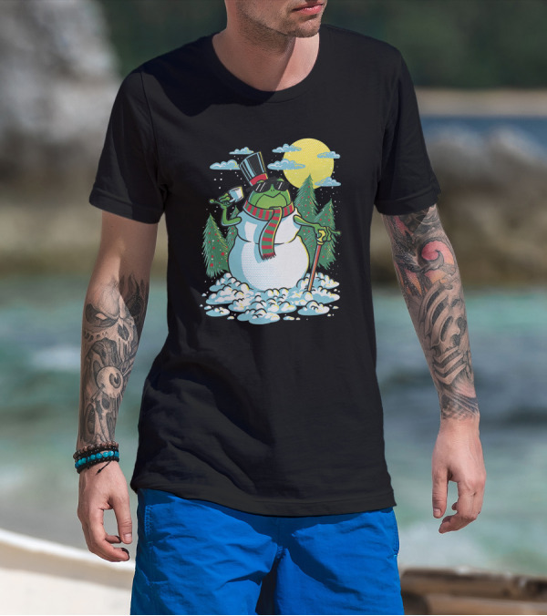 BoomerNA Merch BoomerNA Snowfrog Frog Snowman Christmas Tree Top Hat Cane T-Shirt
