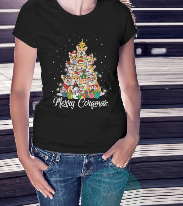 Merry Corgmas Corgi Christmas Tree Dog Gifts Snowman Star Lights T-Shirt