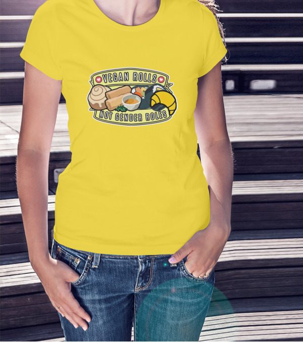 Vegan Rolls Not Gender Roles Sushi Cinnamon Bun Yellow Background T-Shirt