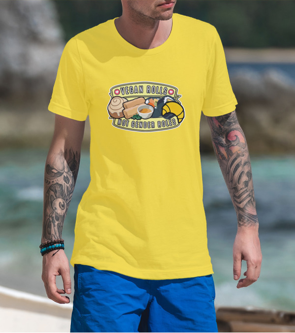 Vegan Rolls Not Gender Roles Sushi Cinnamon Bun Yellow Background T-Shirt