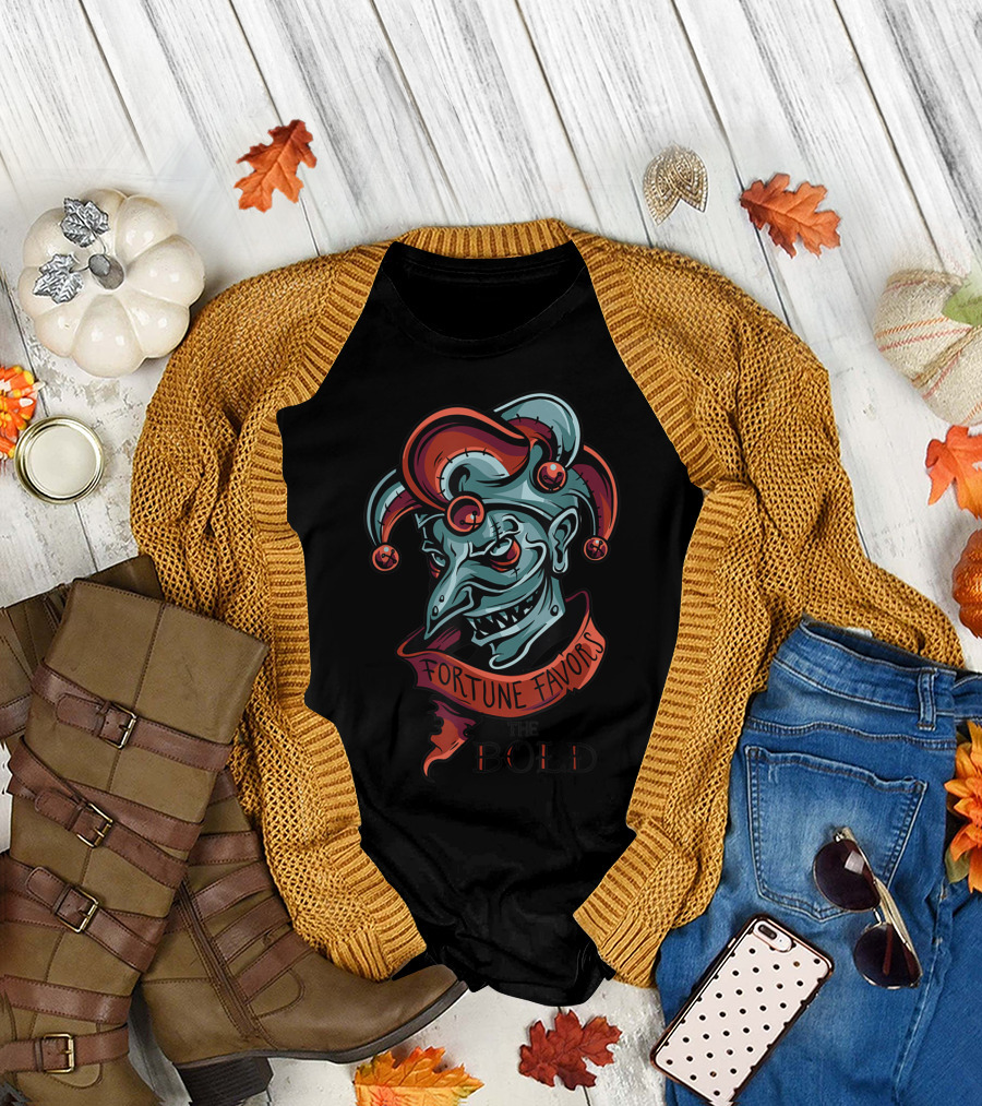 Fortune Favors the Bold Joker with Jester Hat and Sinister Grin T-Shirt