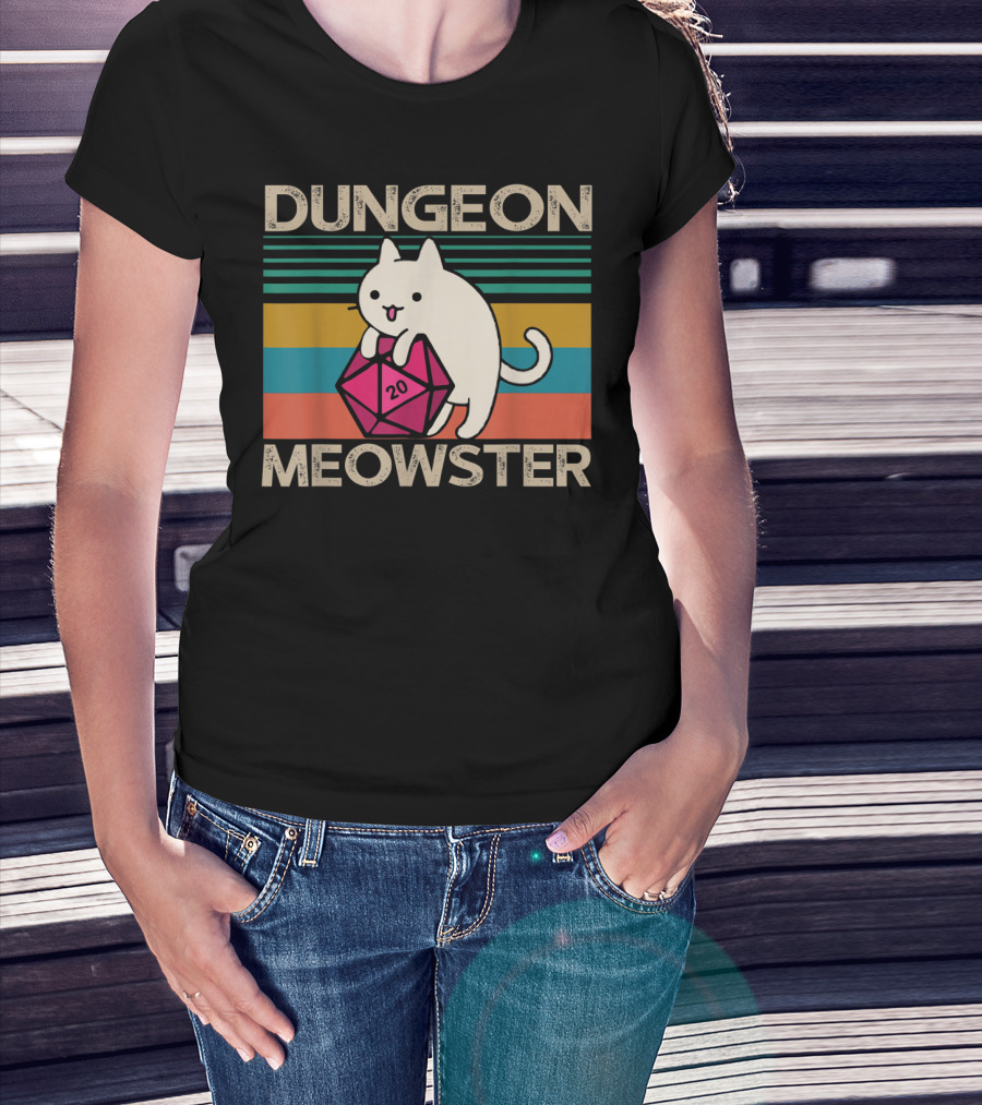 Dungeon Meowster Nerdy Gamer Cat D20 RPG Retro Stripes T-Shirt
