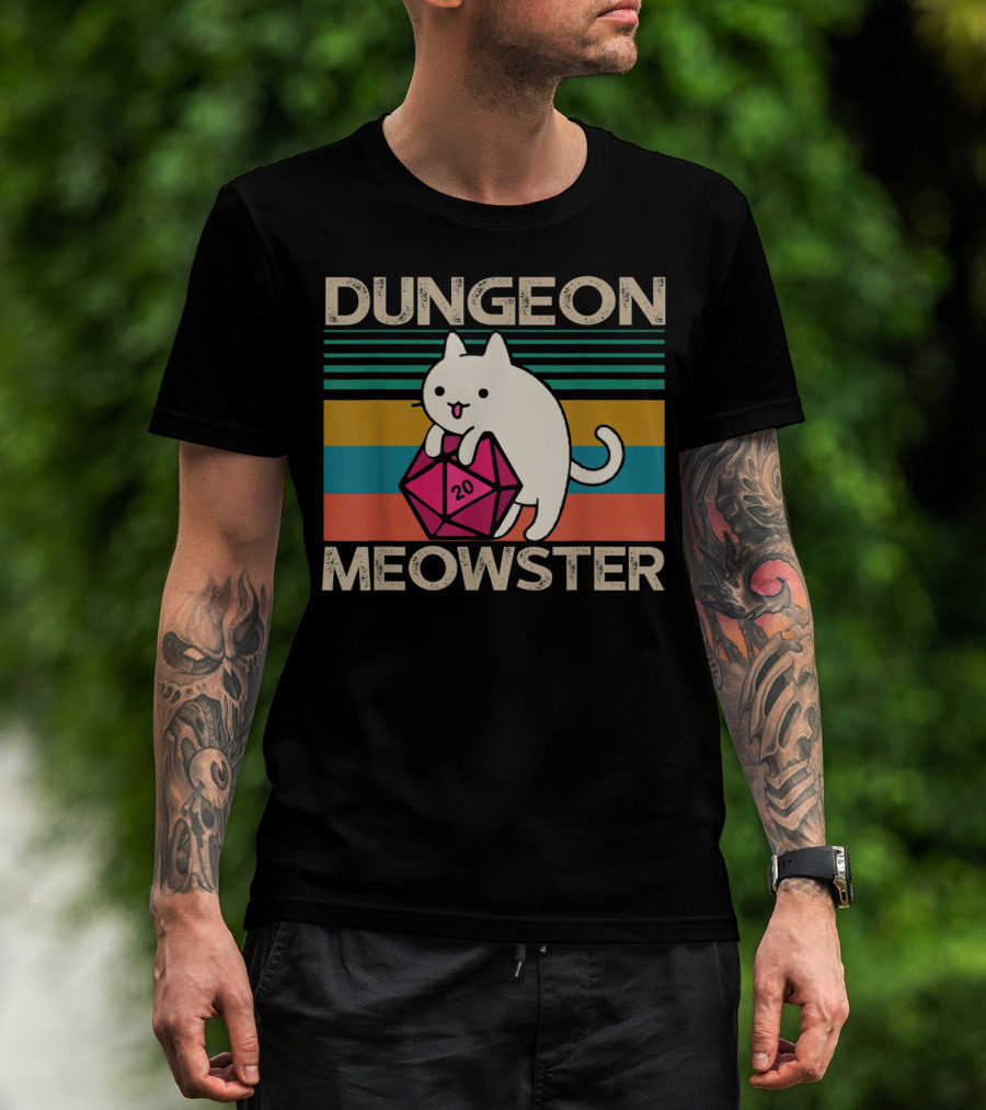 Dungeon Meowster Nerdy Gamer Cat D20 RPG Retro Stripes T-Shirt