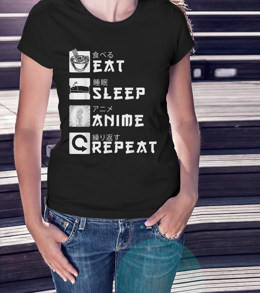 Eat Sleep Anime Repeat Japanese Manga Cosplay Bowl Zzzz Girl Arrows T-Shirt