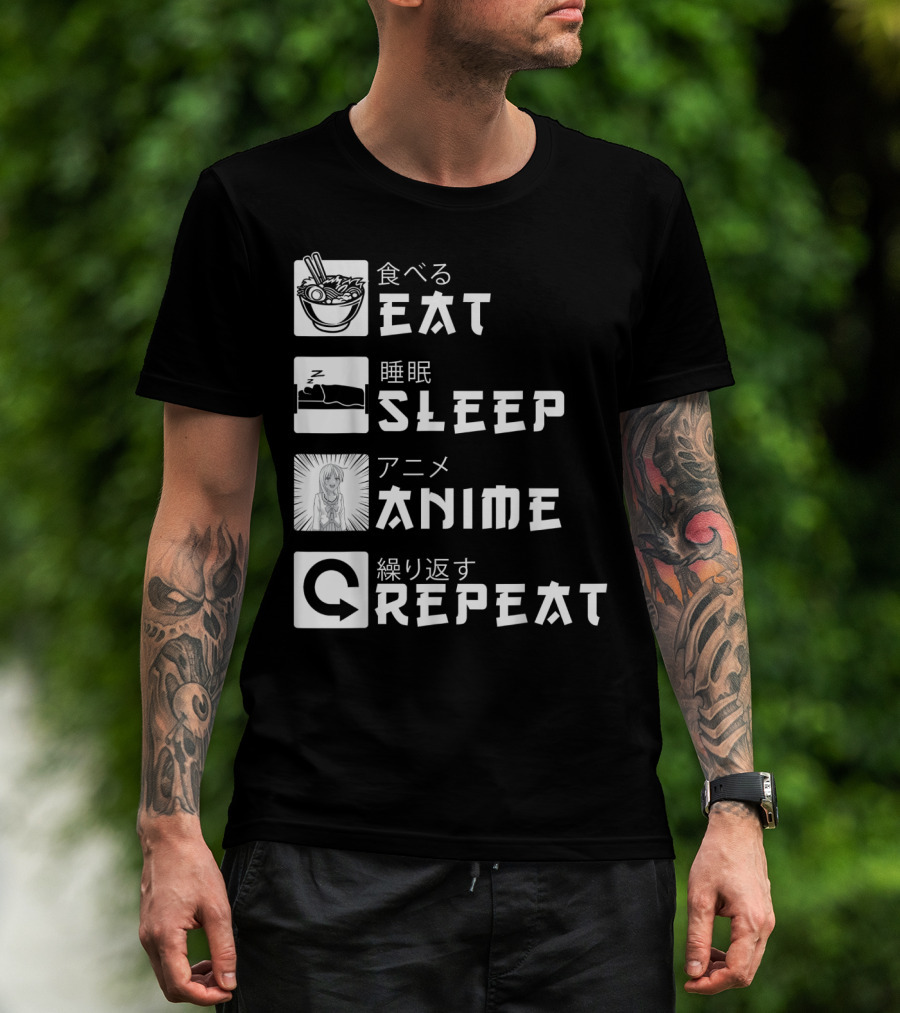 Eat Sleep Anime Repeat Japanese Manga Cosplay Bowl Zzzz Girl Arrows T-Shirt