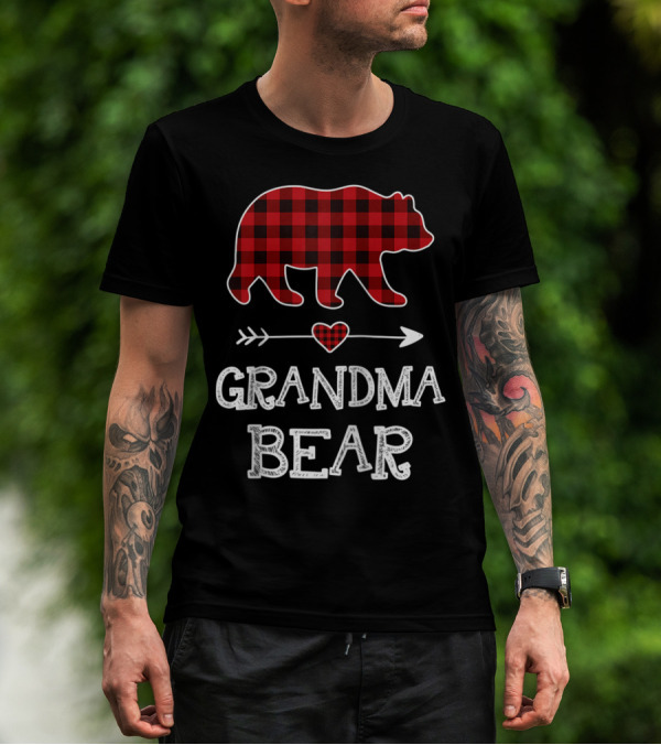 Grandma Bear Christmas Buffalo Plaid Raglan Baseball T-Shirt