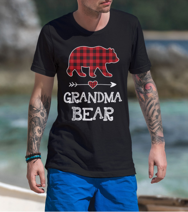 Grandma Bear Christmas Buffalo Plaid Raglan Baseball T-Shirt