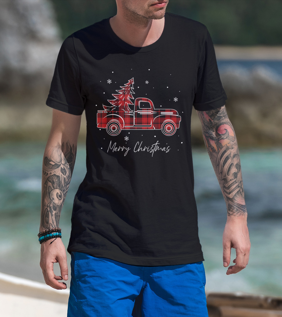 Merry Christmas Buffalo Plaid Red Truck Christmas Tree T-Shirt
