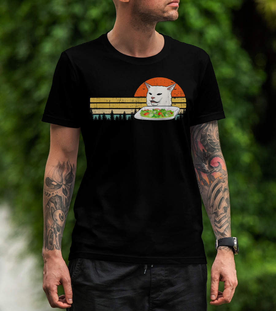 Yelling Cat Meme Retro Sunset Salad Plate Forest Scene T-Shirt