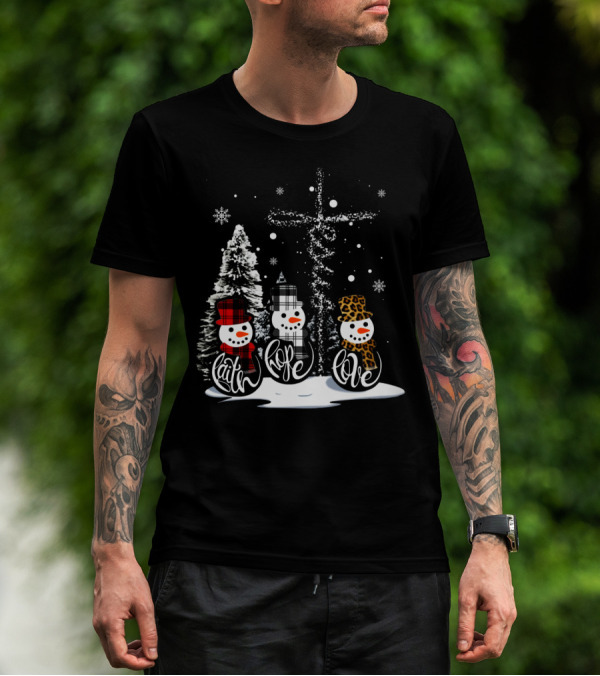 Faith Hope Love Snowmen Jesus Christmas Leopard Plaid T-Shirt