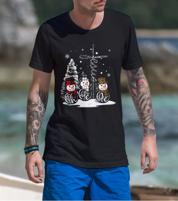 Faith Hope Love Snowmen Jesus Christmas Leopard Plaid T-Shirt