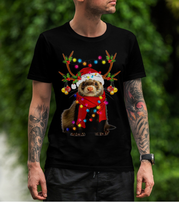 Ferret Santa Reindeer Christmas Lights T-Shirt