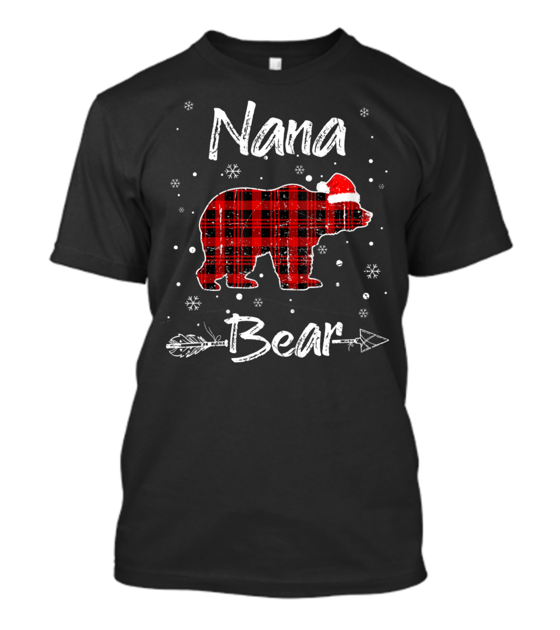 Nana Bear Christmas Red Plaid Santa Hat Snowflakes Arrow T-Shirt