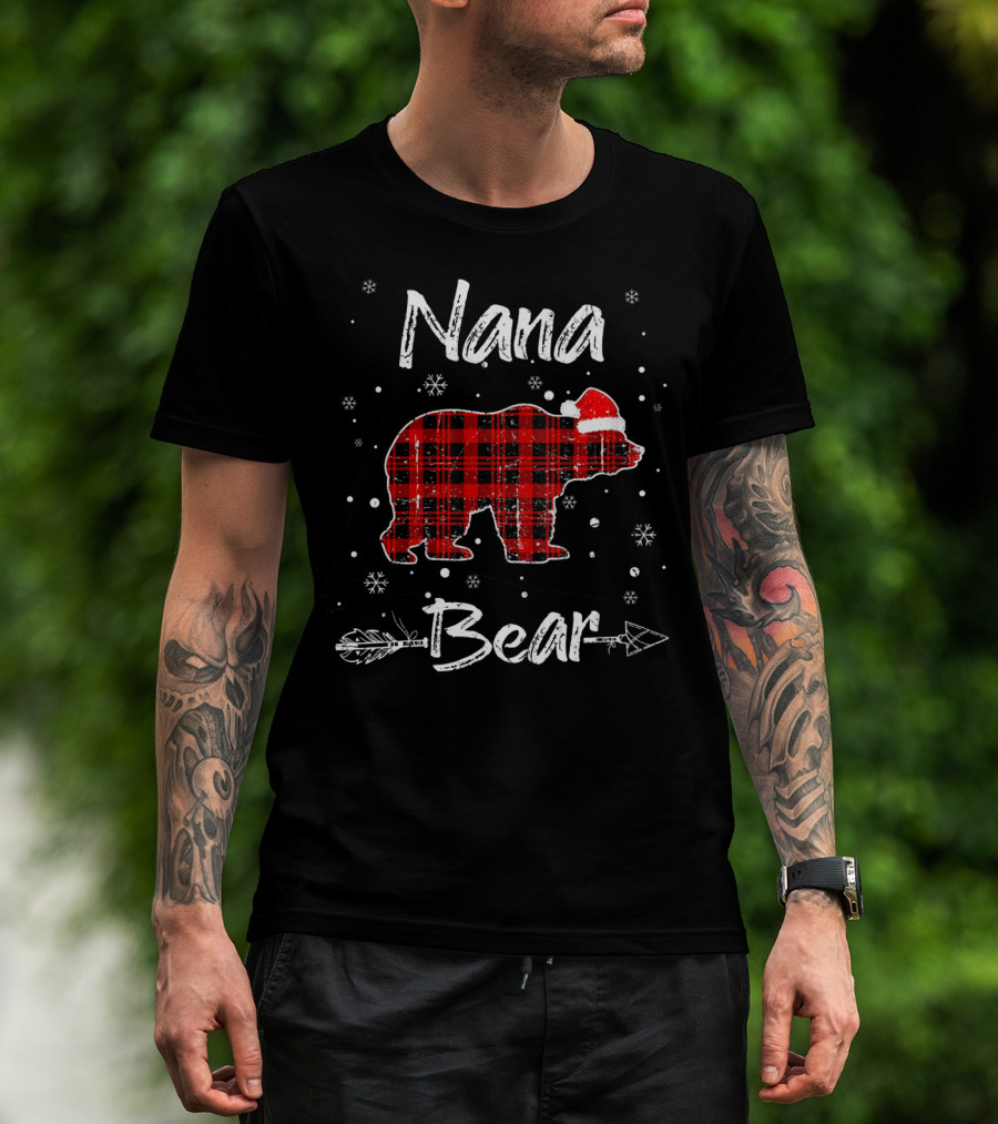 Nana Bear Christmas Red Plaid Santa Hat Snowflakes Arrow T-Shirt