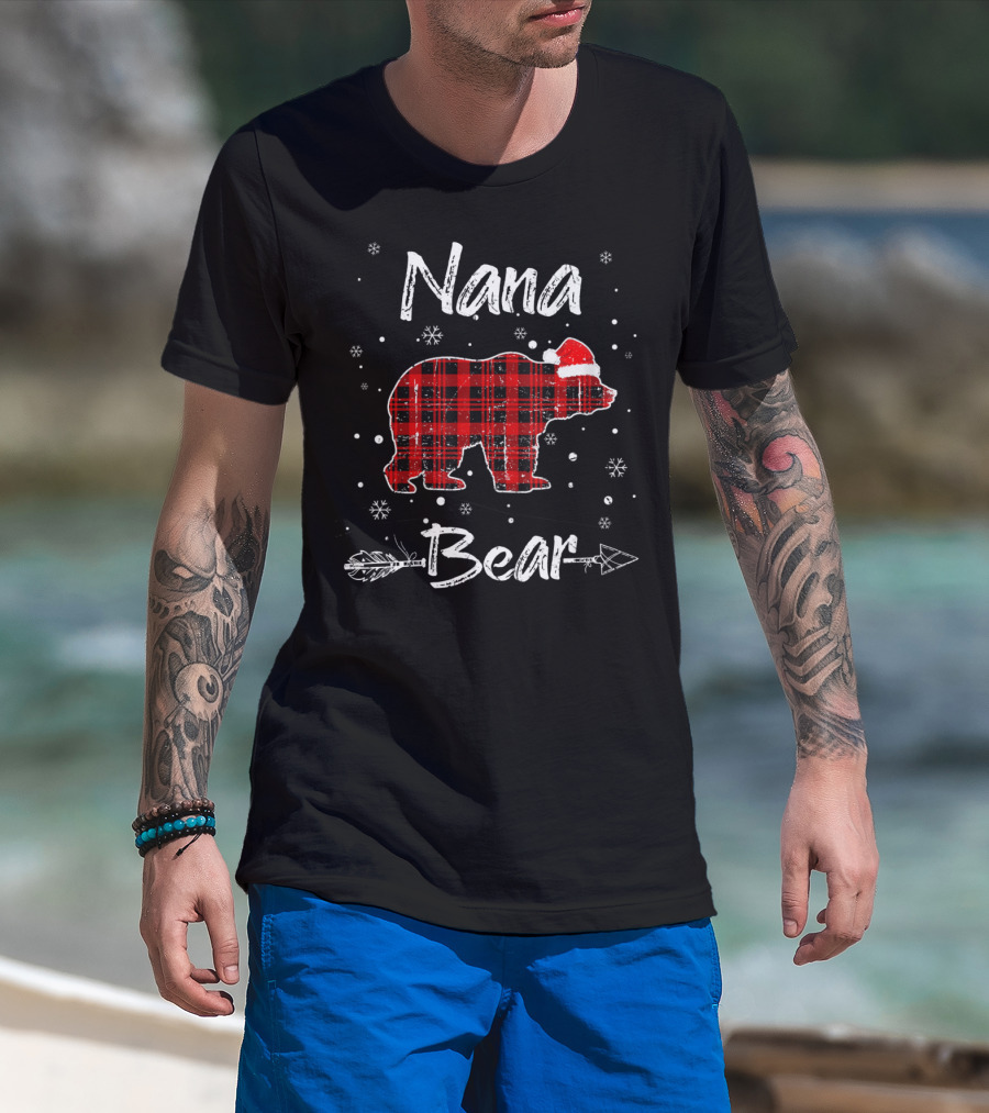 Nana Bear Christmas Red Plaid Santa Hat Snowflakes Arrow T-Shirt