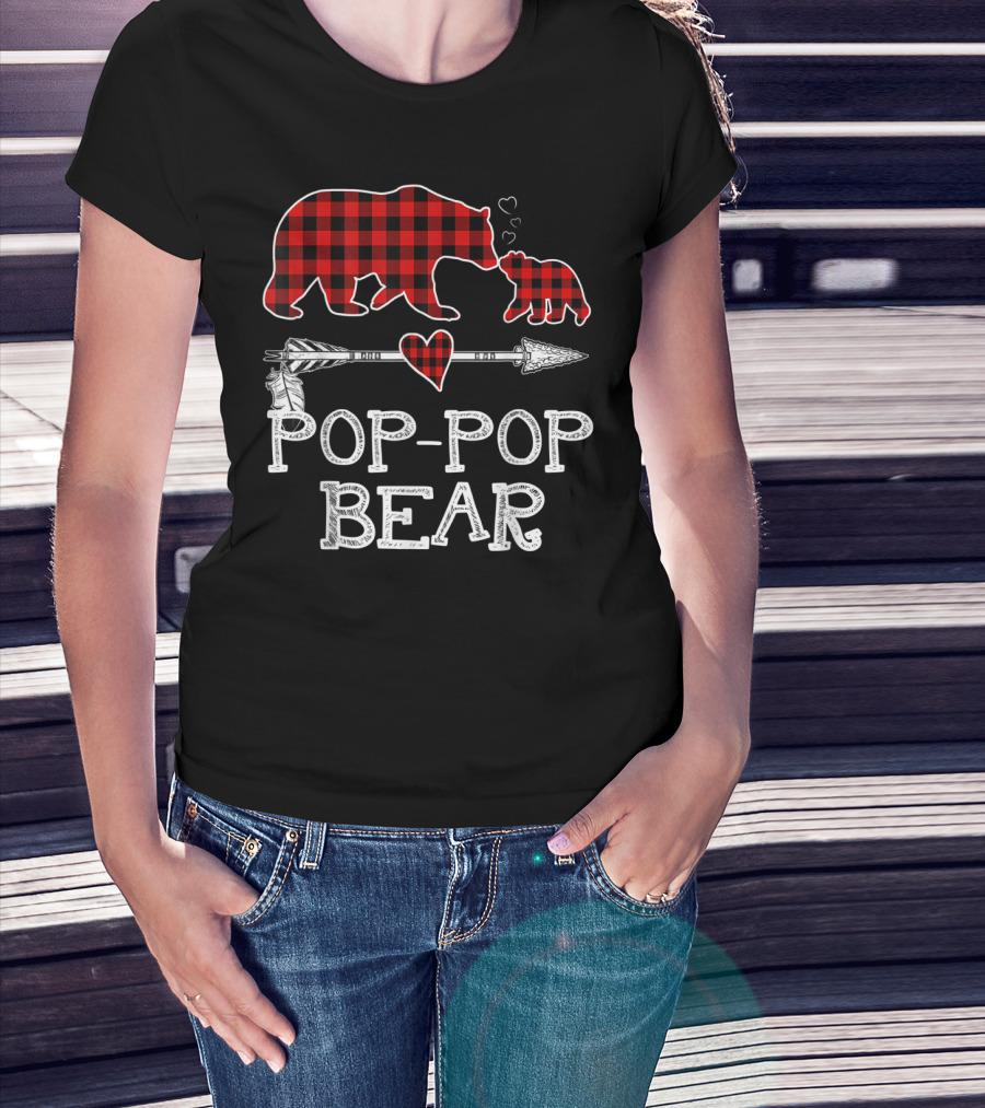 Pop Pop Bear Red Plaid Buffalo Christmas Hearts Arrow T-Shirt
