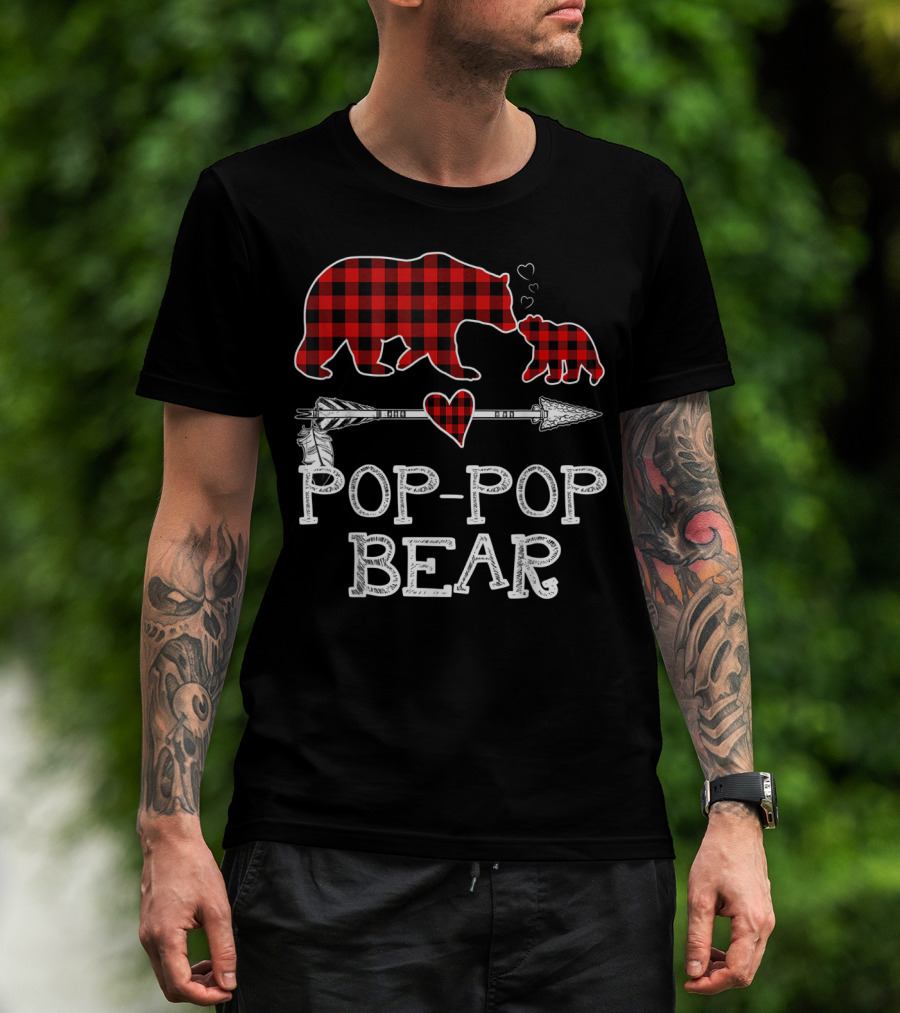 Pop Pop Bear Red Plaid Buffalo Christmas Hearts Arrow T-Shirt