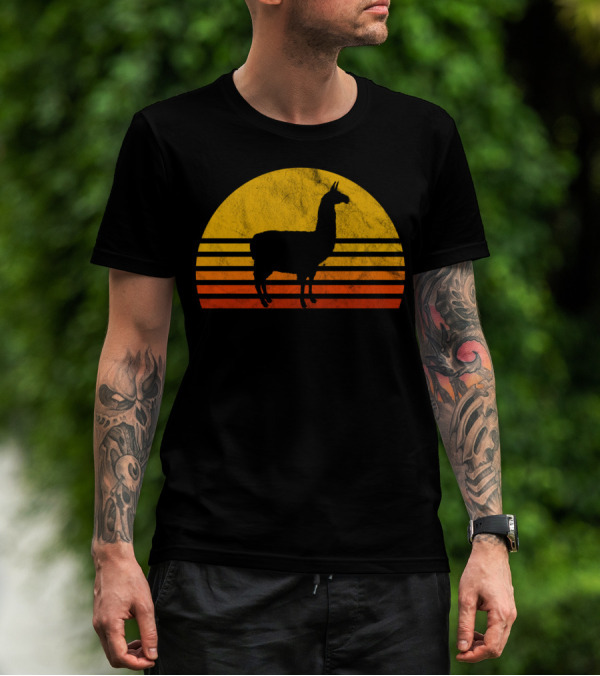 Retro Llama Silhouette Against Sunset Colors T-Shirt